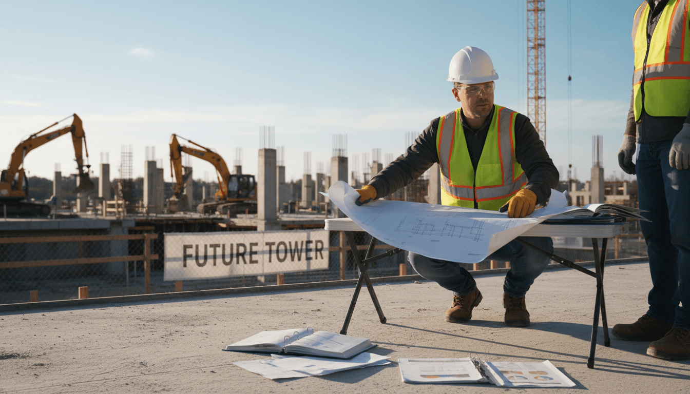 Construction worker reviewing blueprints and documents on a jobsite