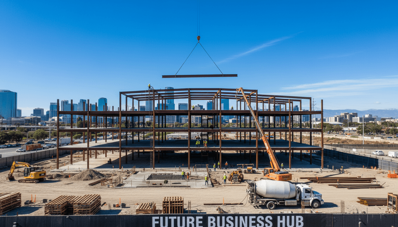 Construction crew working on a commercial building frame under a blue sky