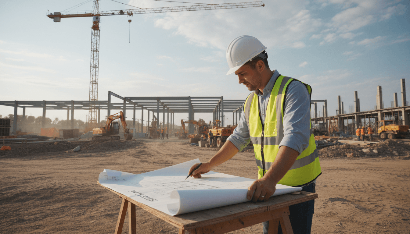 Builder reviewing plans on a jobsite