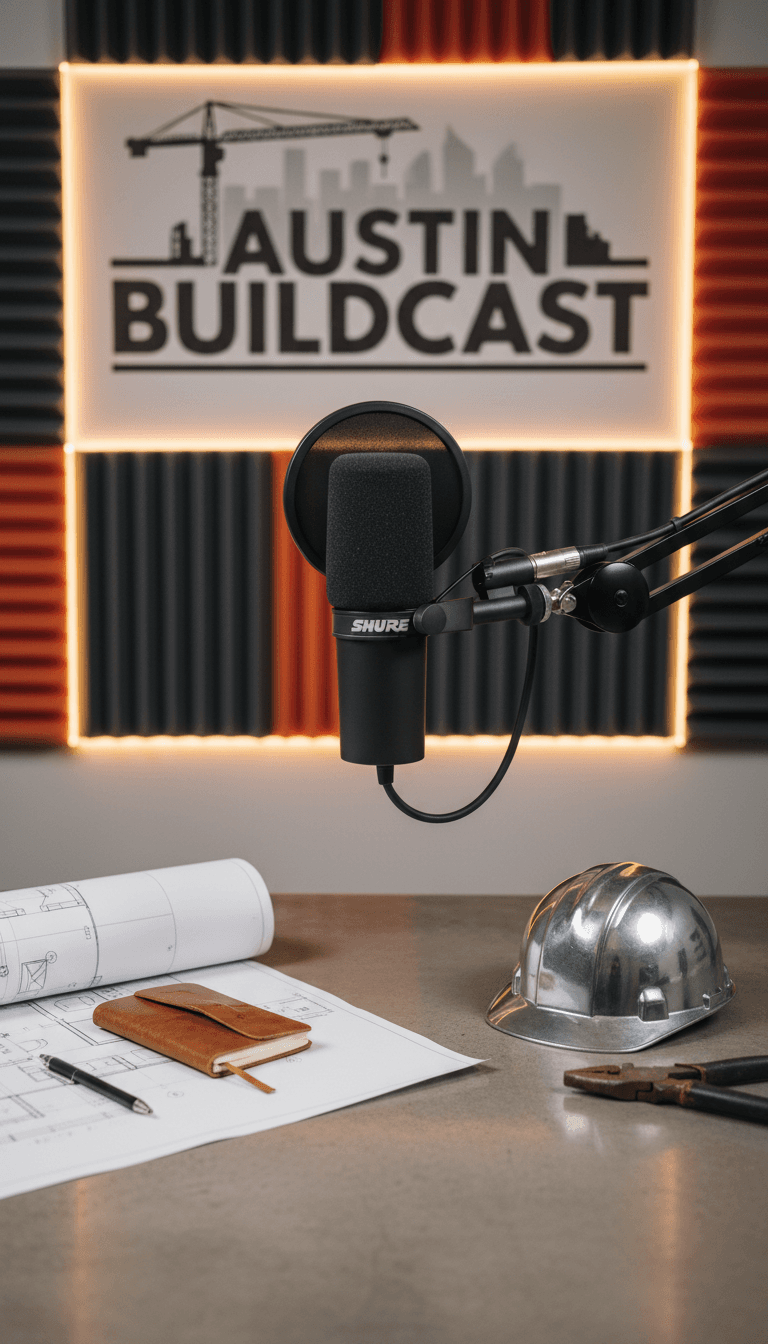 Podcast microphone on a desk with construction-themed decor in a modern studio