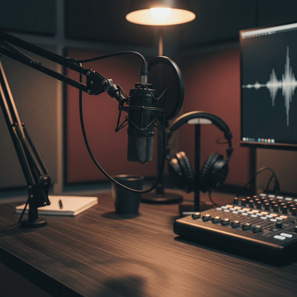 Professional microphone on a podcast studio desk with headphones in the background
