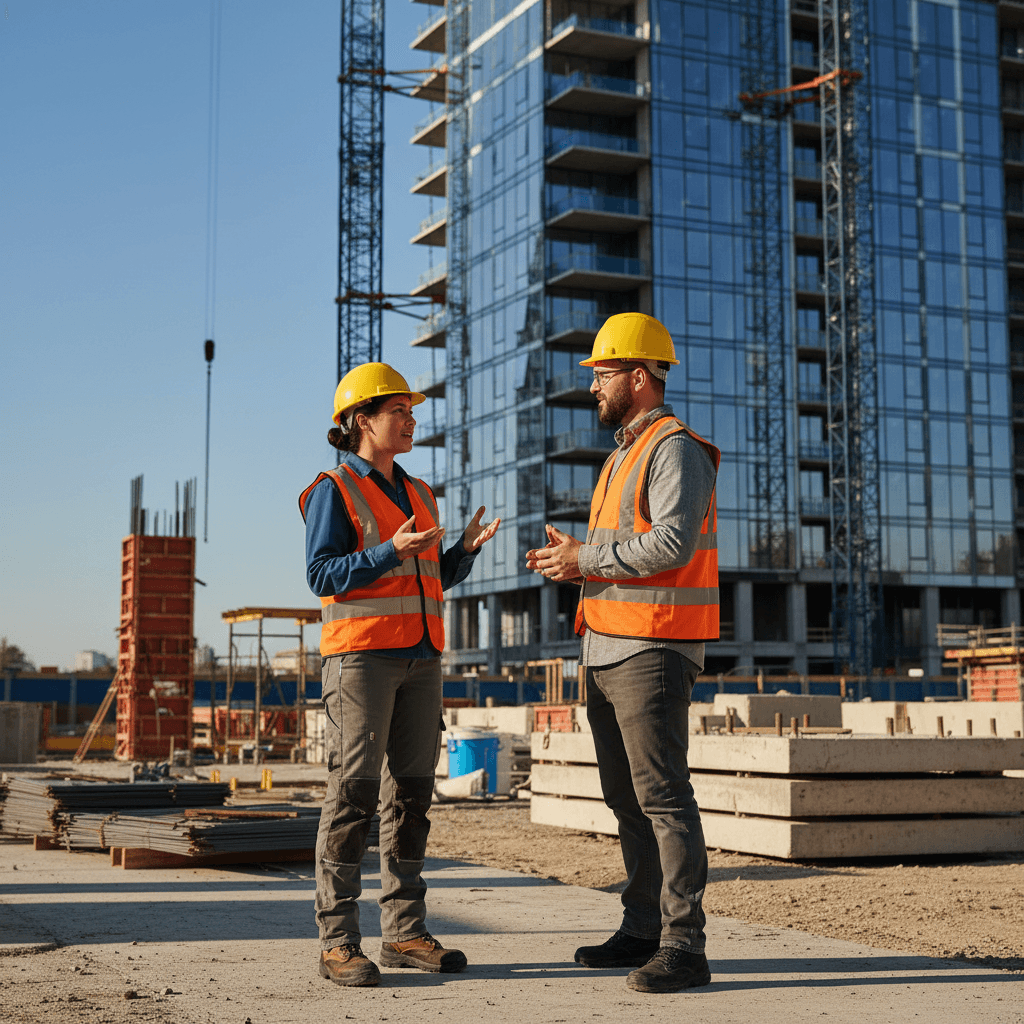 Two construction workers in hard hats having a conversation on a modern job site