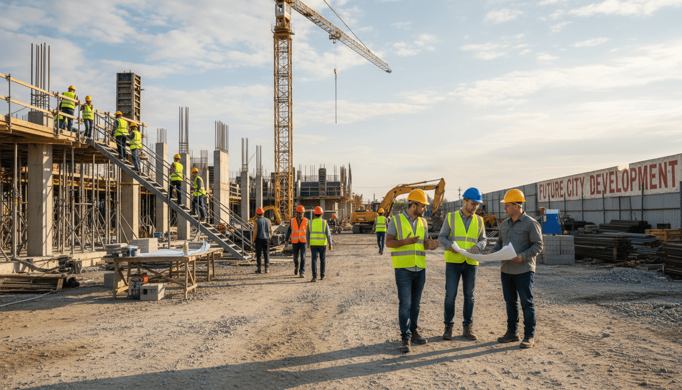 Two construction workers in hard hats talking on a jobsite