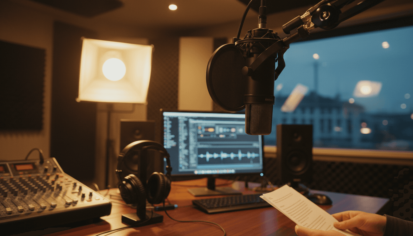 Podcast microphone in a recording studio with warm lighting and audio equipment