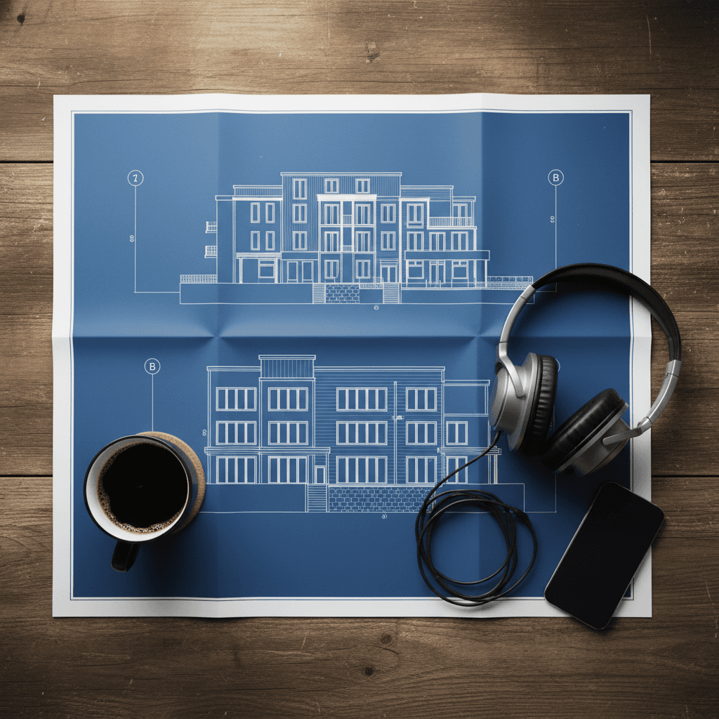 Blueprint spread on table with coffee mug and headphones