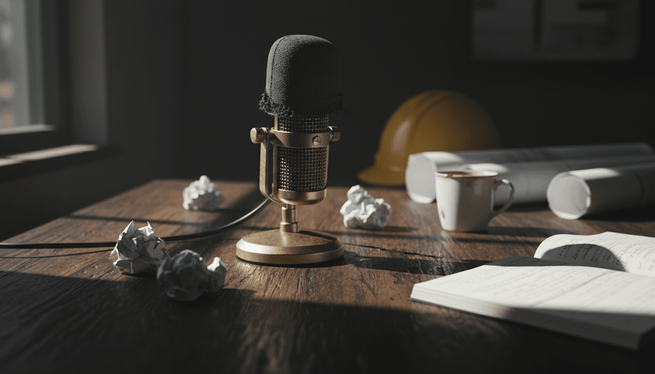 Podcast microphone on a dark wood desk with notes and a coffee cup