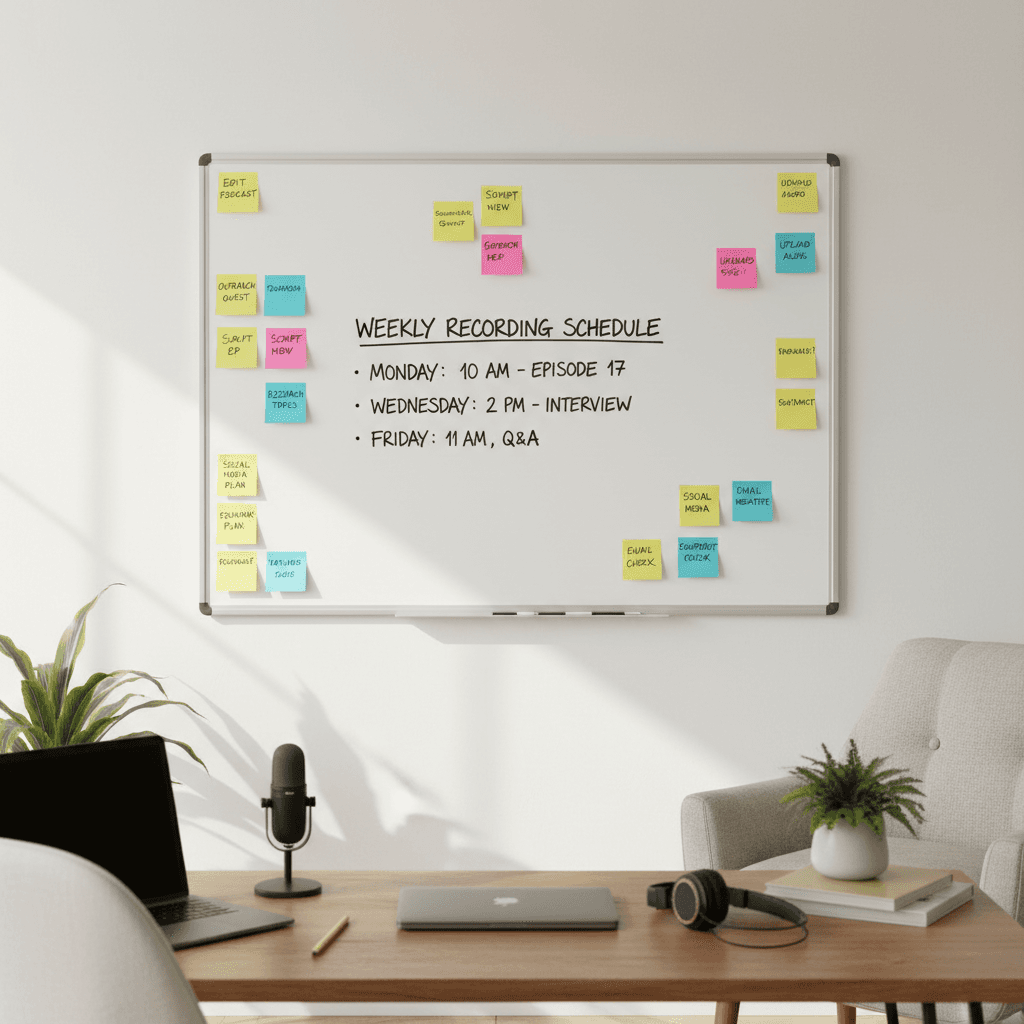 Post-it notes and recording schedule on a whiteboard in a home office
