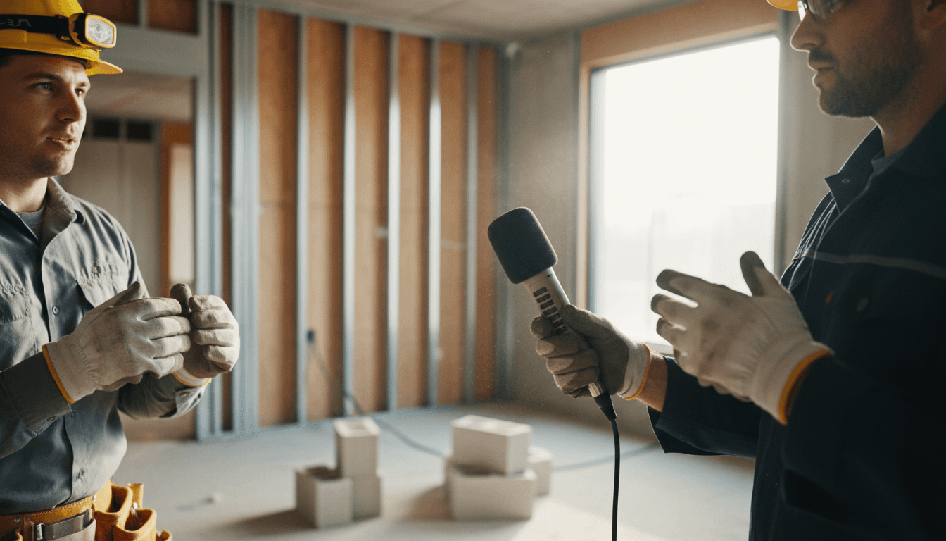 Host interviewing a tradesperson on a jobsite with a microphone