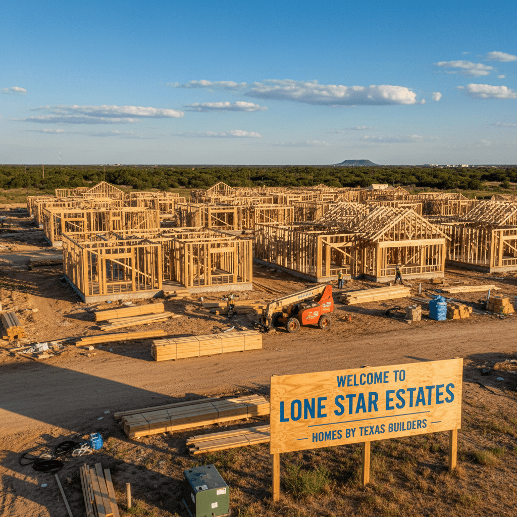 Wide shot of a residential construction site in Texas with houses being framed