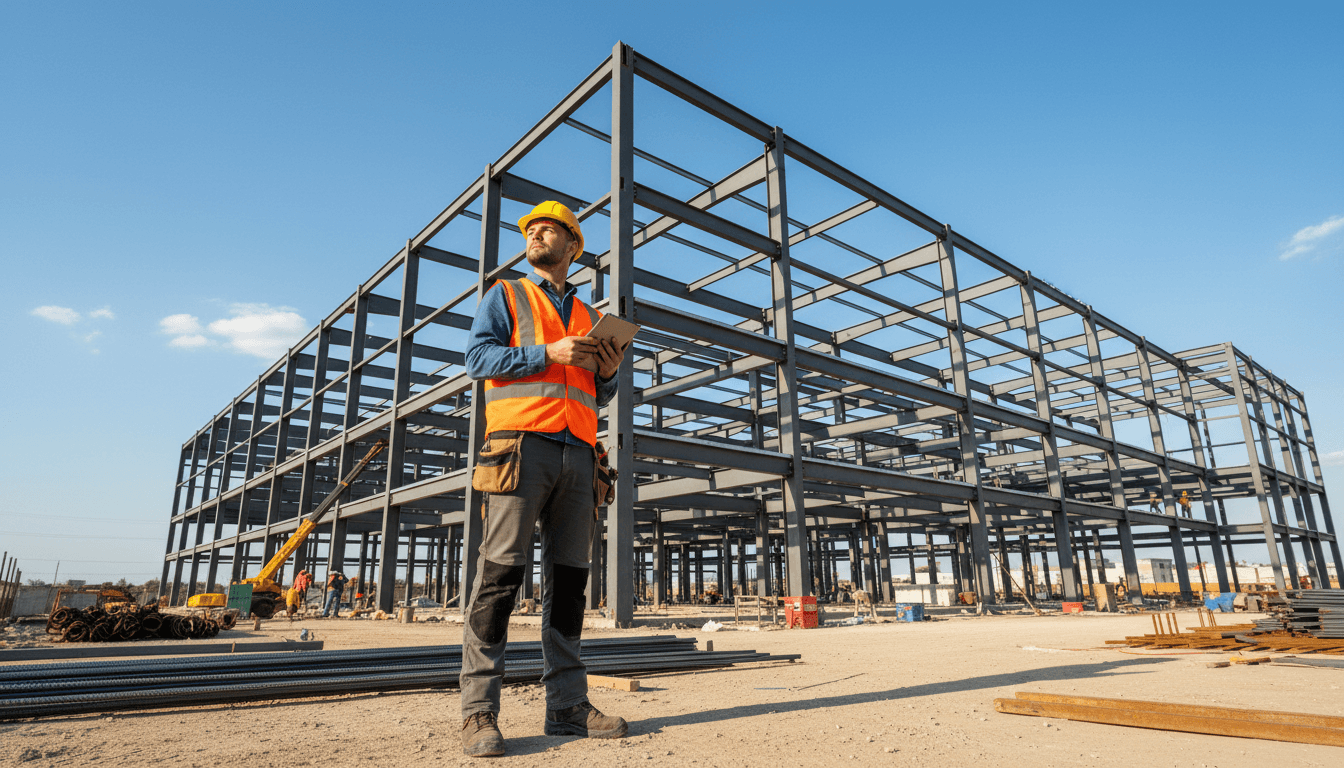 construction worker on a jobsite with steel beams and scaffolding