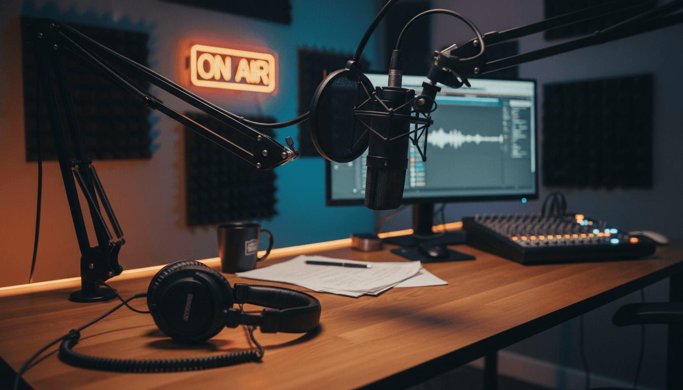 Microphone on a podcast studio desk with headphones nearby