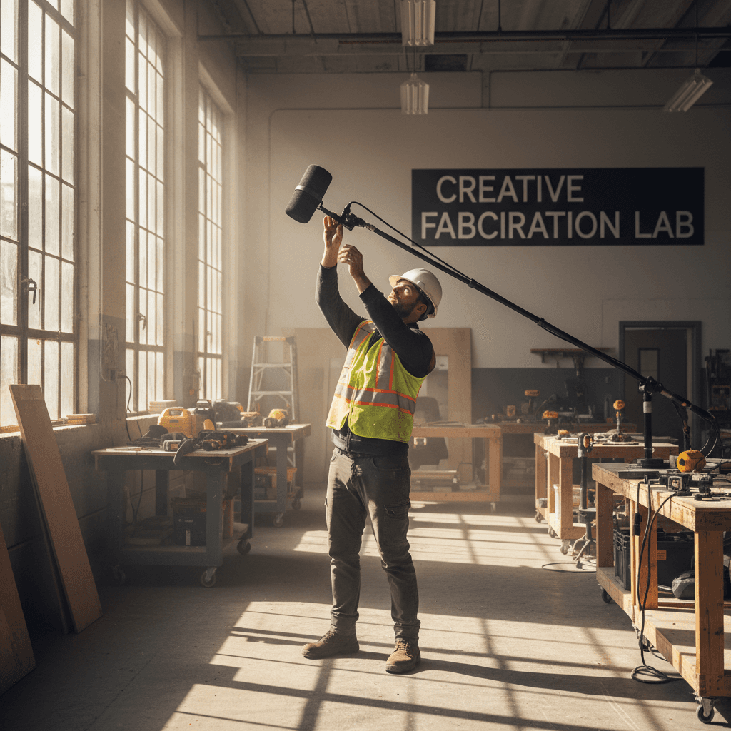 Construction worker adjusting microphone on boom arm in workshop
