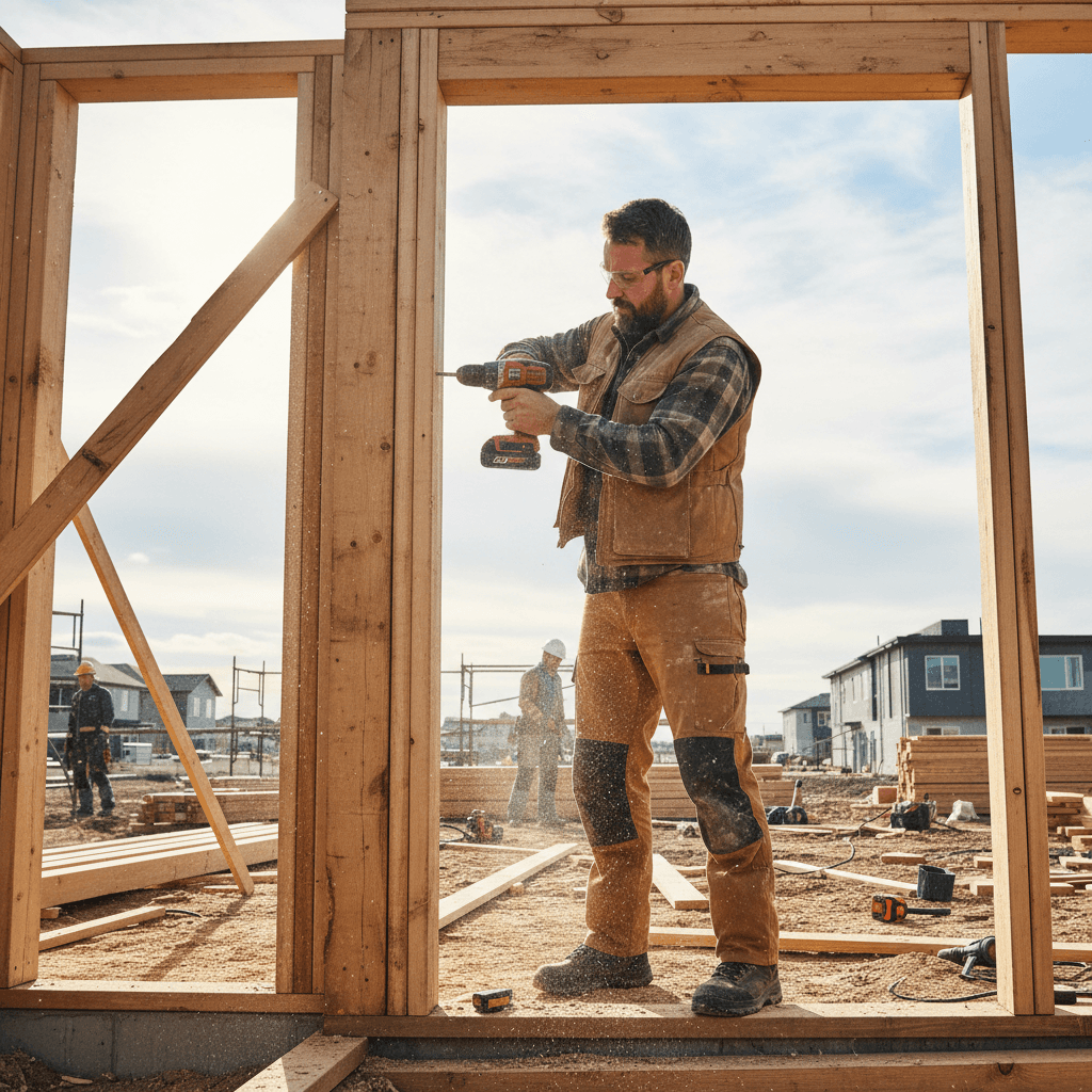 Carpenter using a power drill on a wooden frame on a construction site
