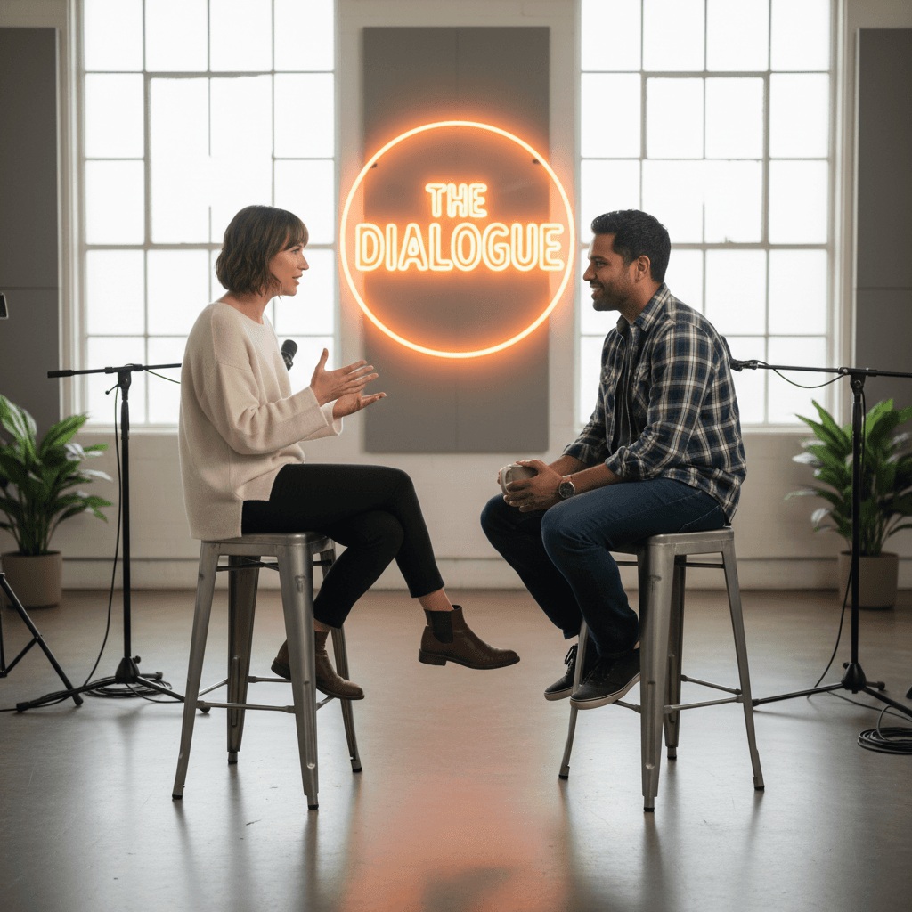 Two people sitting on stools having conversation in a studio
