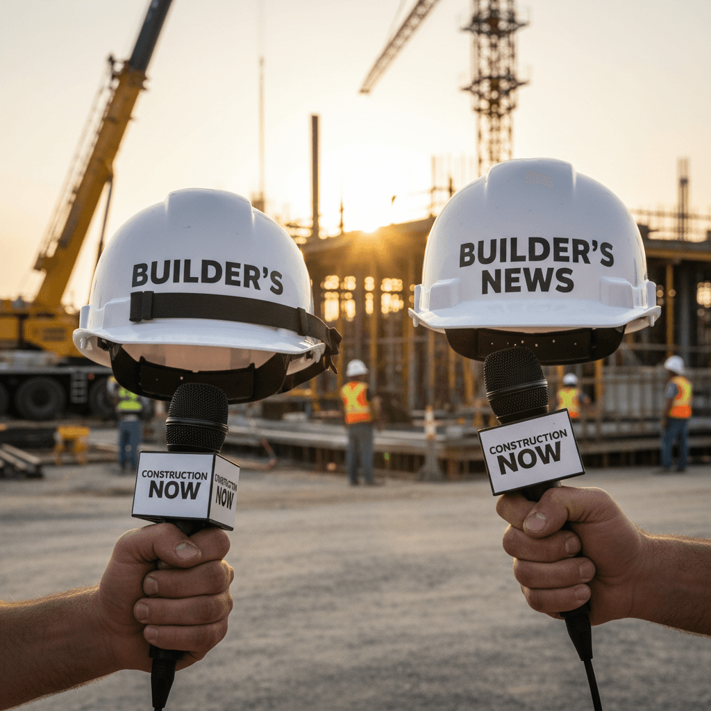 Close up of hands holding hard hat and microphone in front of construction site
