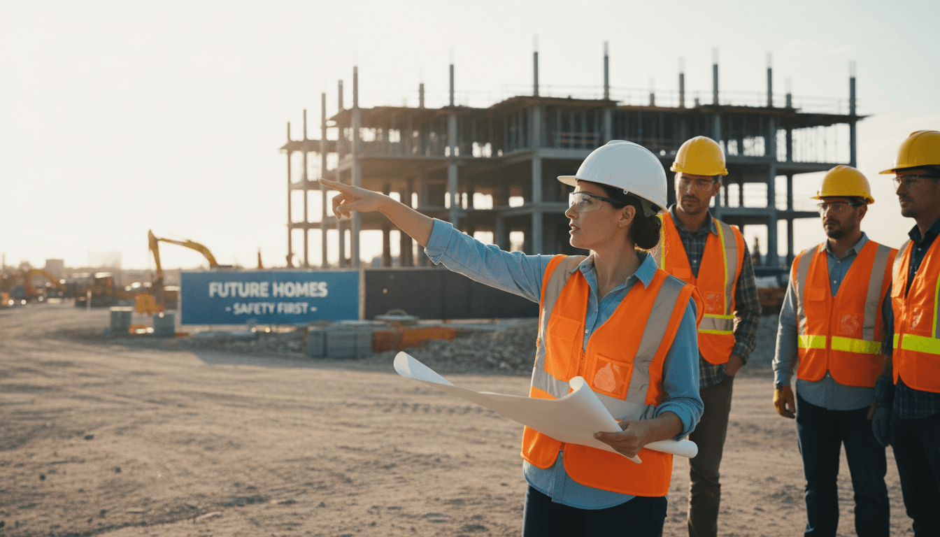 Professional construction manager in reflective vest talking and pointing at a building site