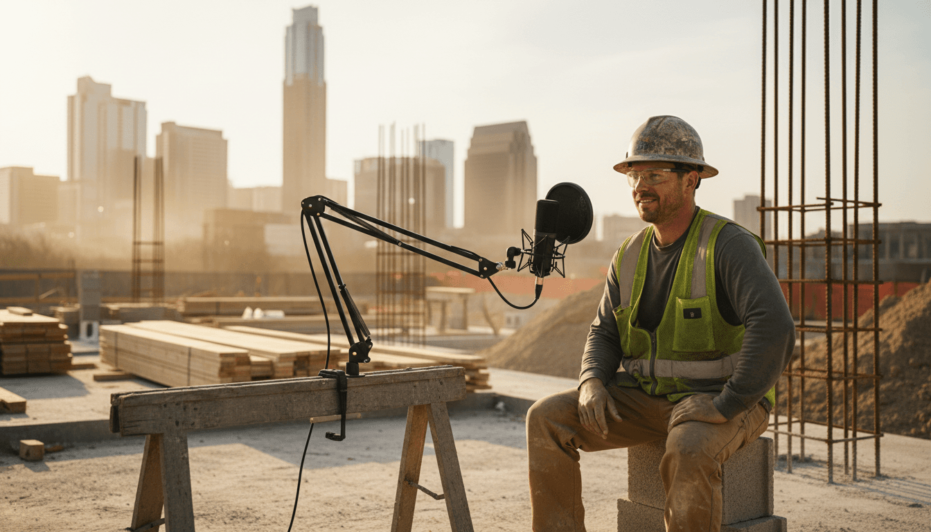 Podcast microphone on a sawhorse facing a construction worker with downtown Austin behind them