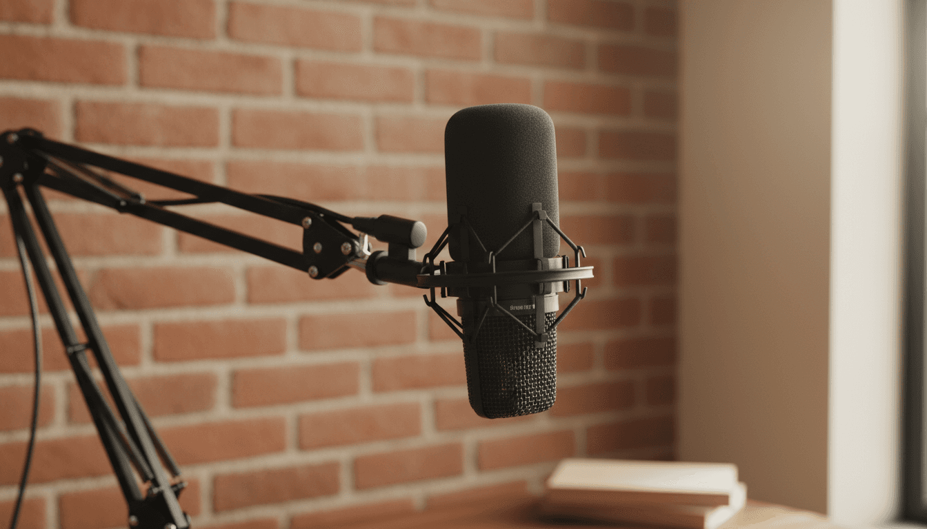 Professional podcast microphone set up in a warm, intimate studio space