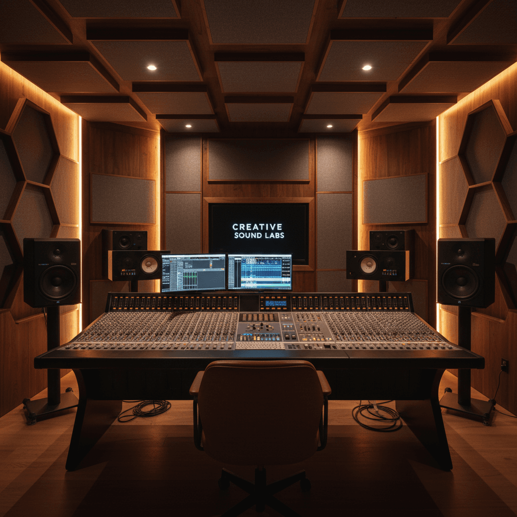 Recording studio control room with mixing desk and sound panels