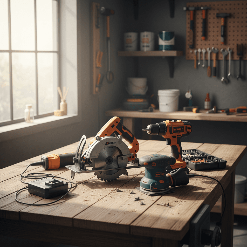 power tools on workbench