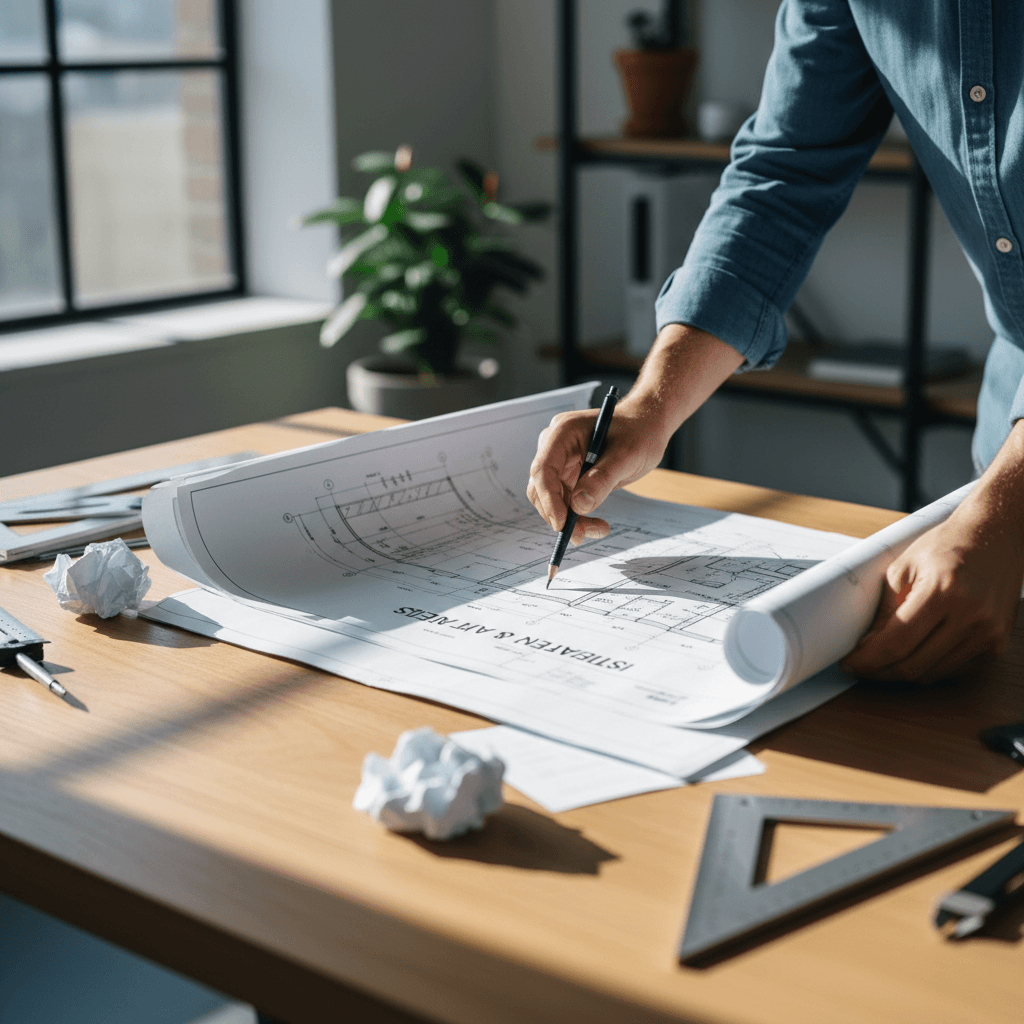 Rolled blueprints on a sawhorse with a tape measure and pencil nearby