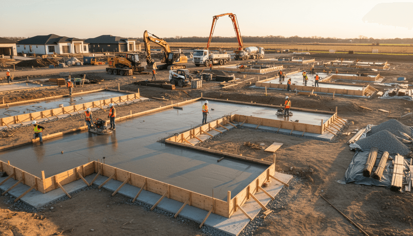 New foundation pour on a residential street in Austin with workers and concrete truck