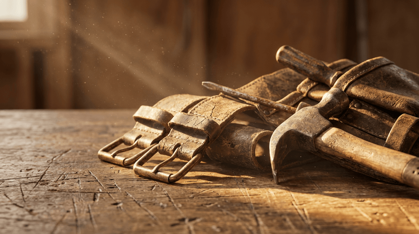 Open tool belt with tape measure, hammer, and speed square on plywood