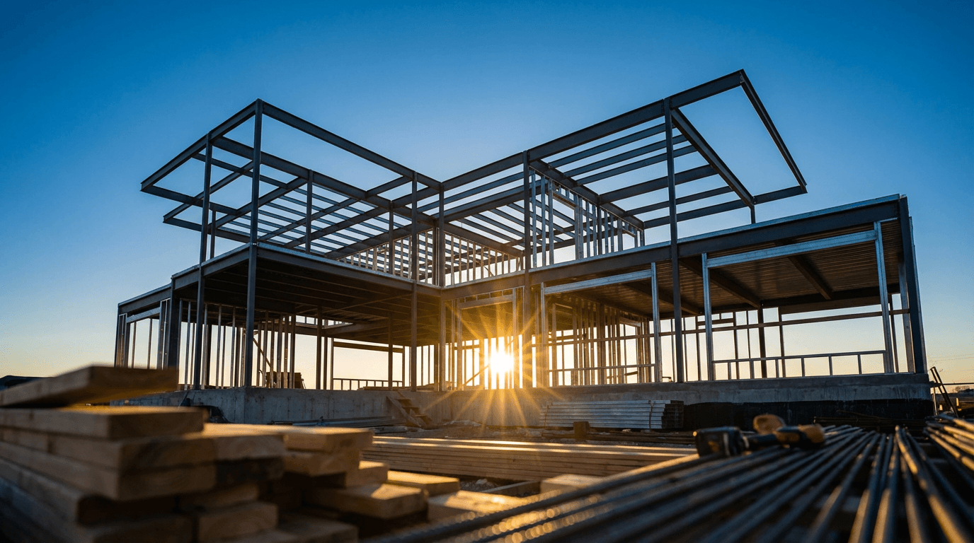 Construction workers on a job site at golden hour with steel framework and tools visible