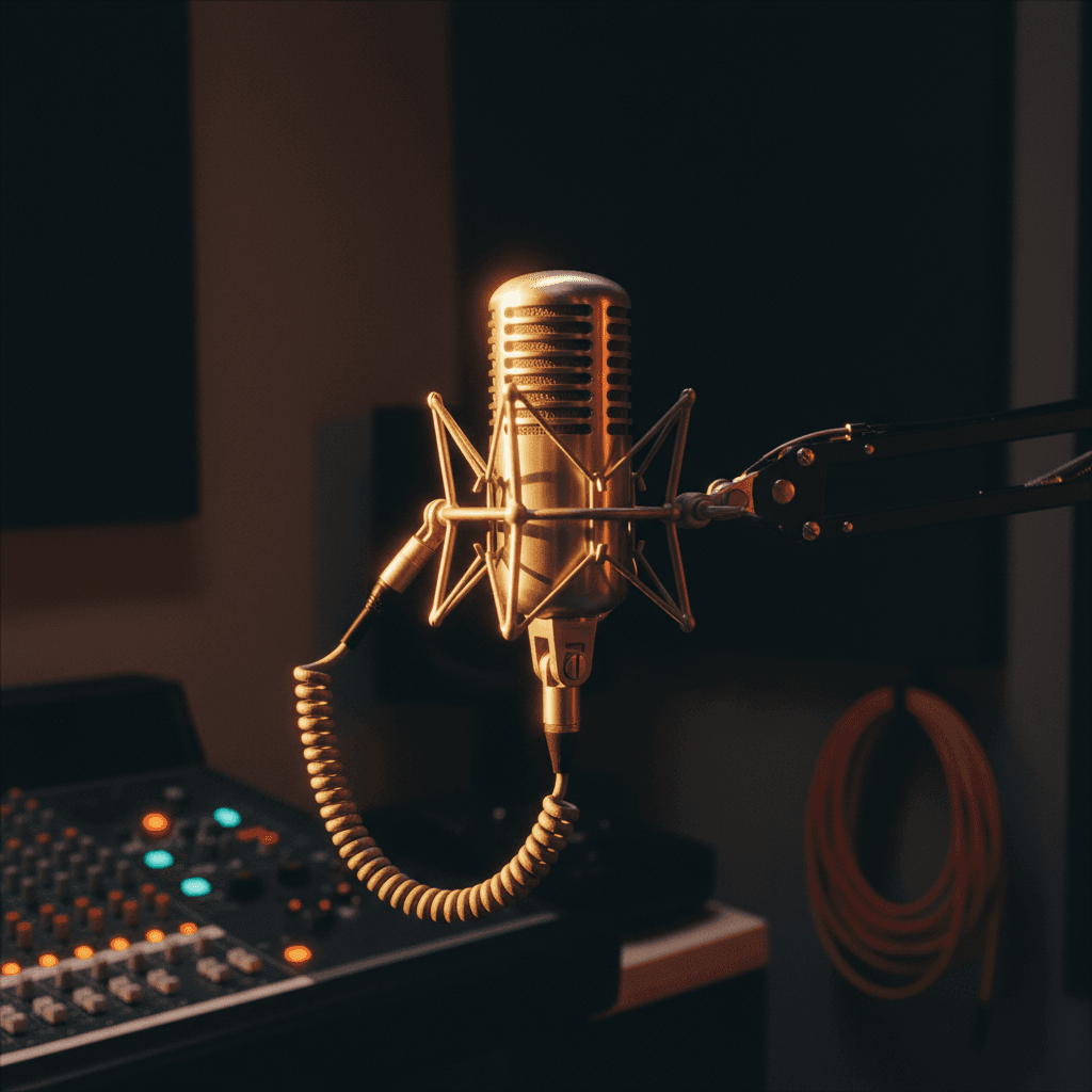 Hands gripping a podcast microphone against a concrete wall