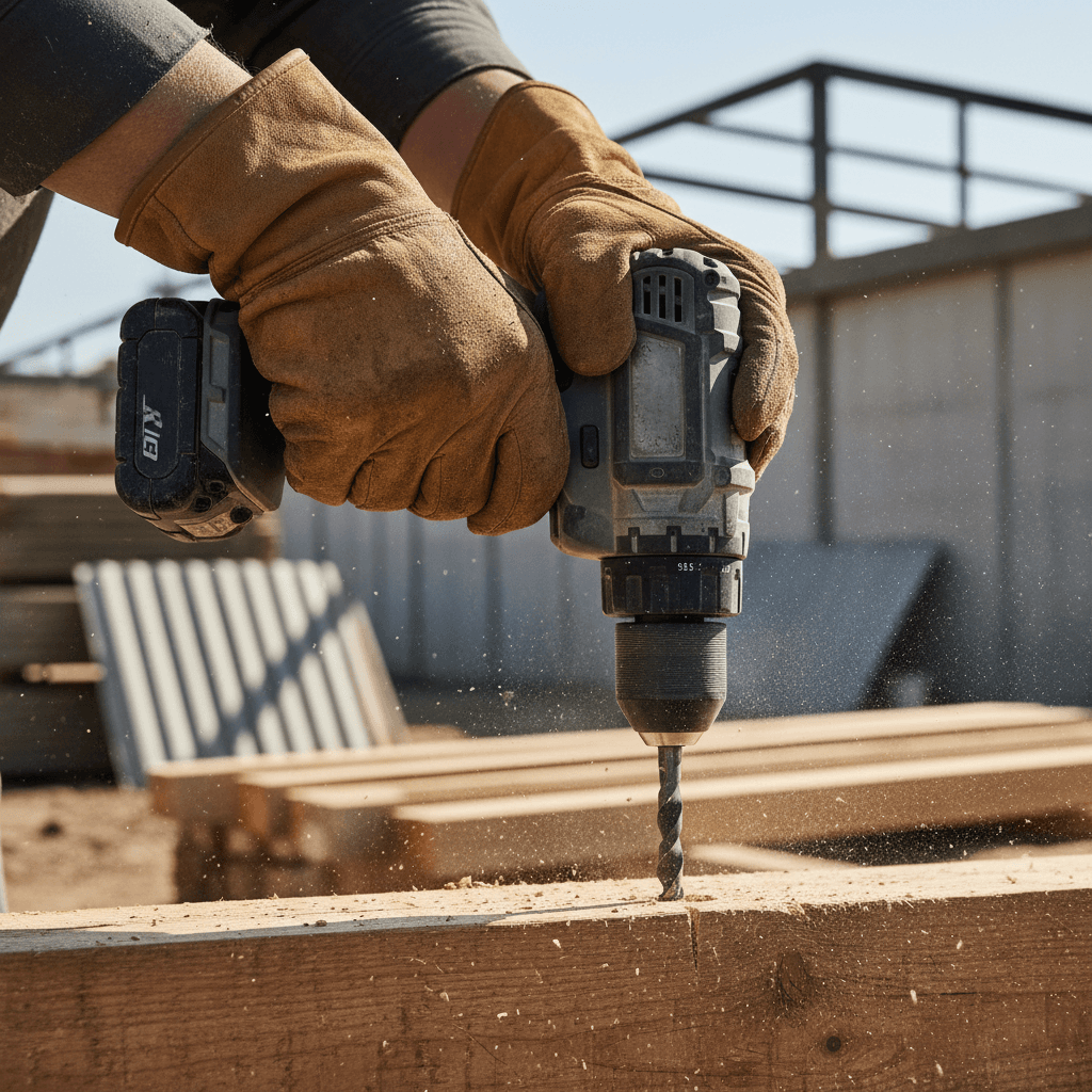 Close-up of weathered hands holding a hammer on a workbench