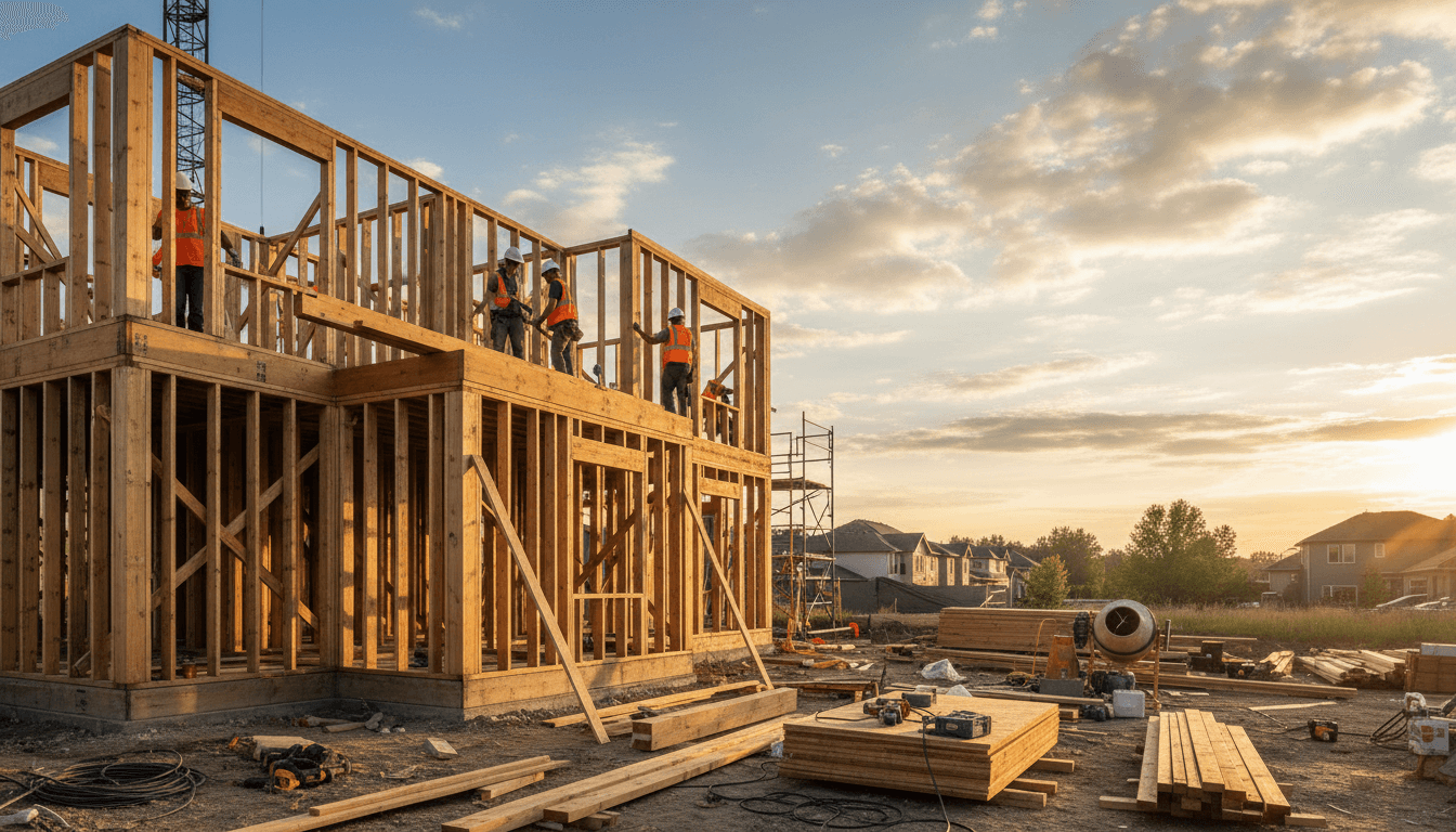 Half-finished wood-framed structure under golden hour sky at construction site