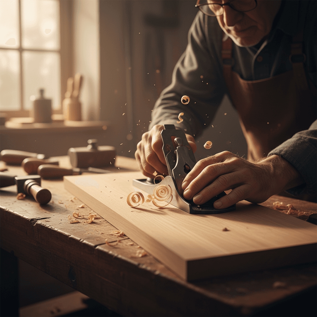 Hands holding an audio recorder on a workshop bench