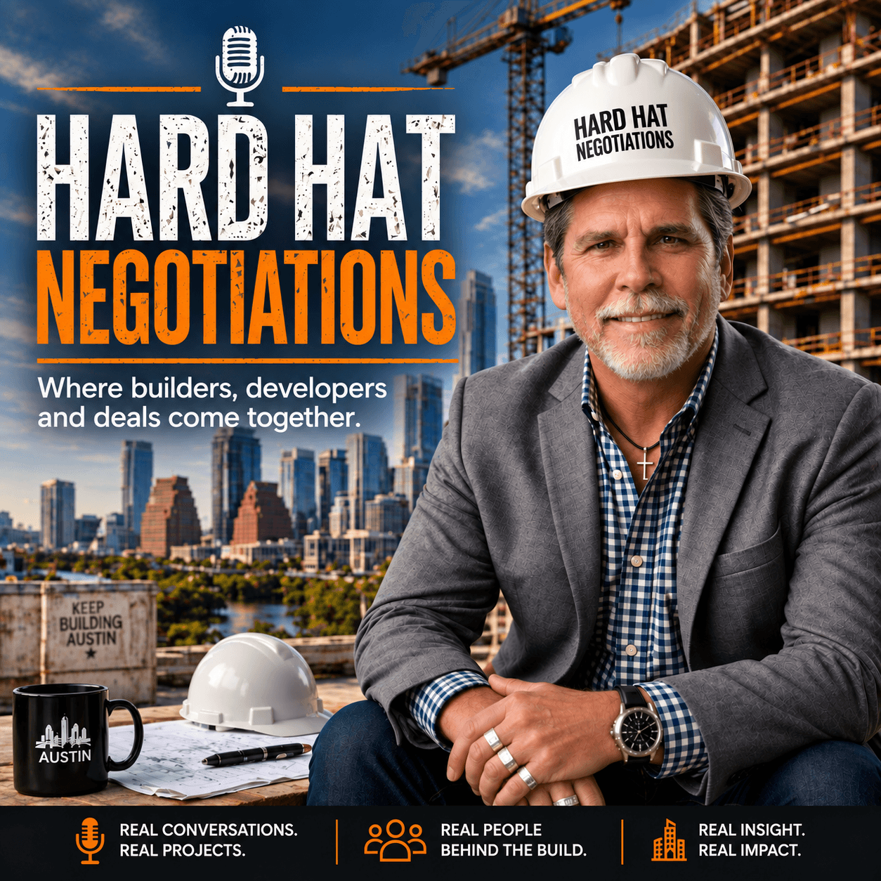 Hard Hat Negotiations podcast graphic featuring a man in a hard hat and Austin skyline.