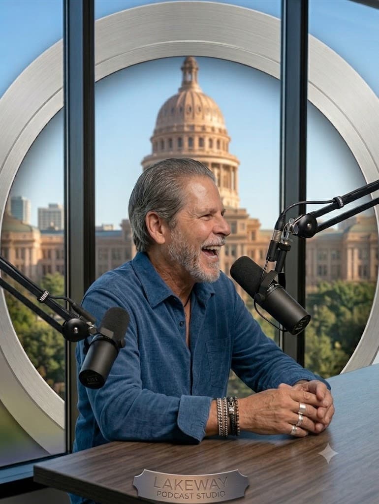 A man laughs into a podcast microphone with a capitol building dome in the background.