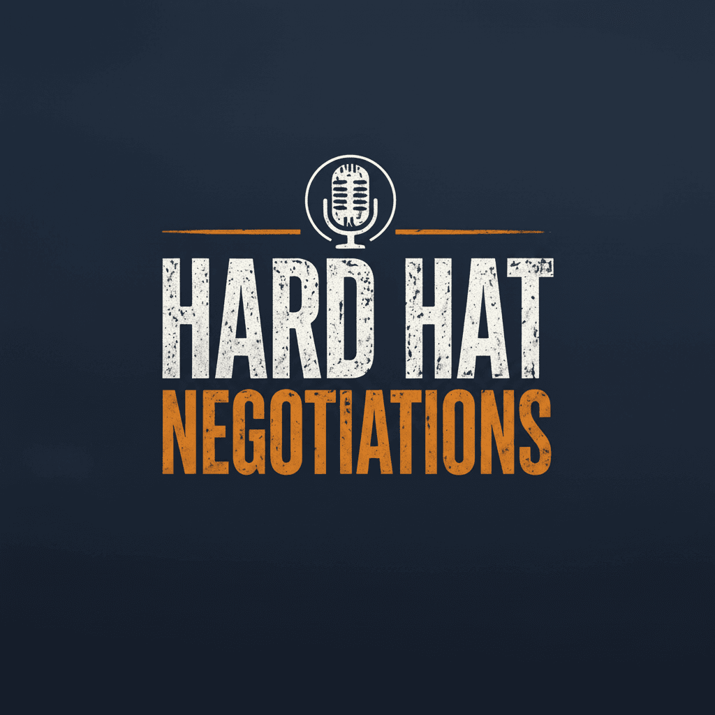 Hard Hat Negotiations logo with textured white and orange text and microphone on dark blue.