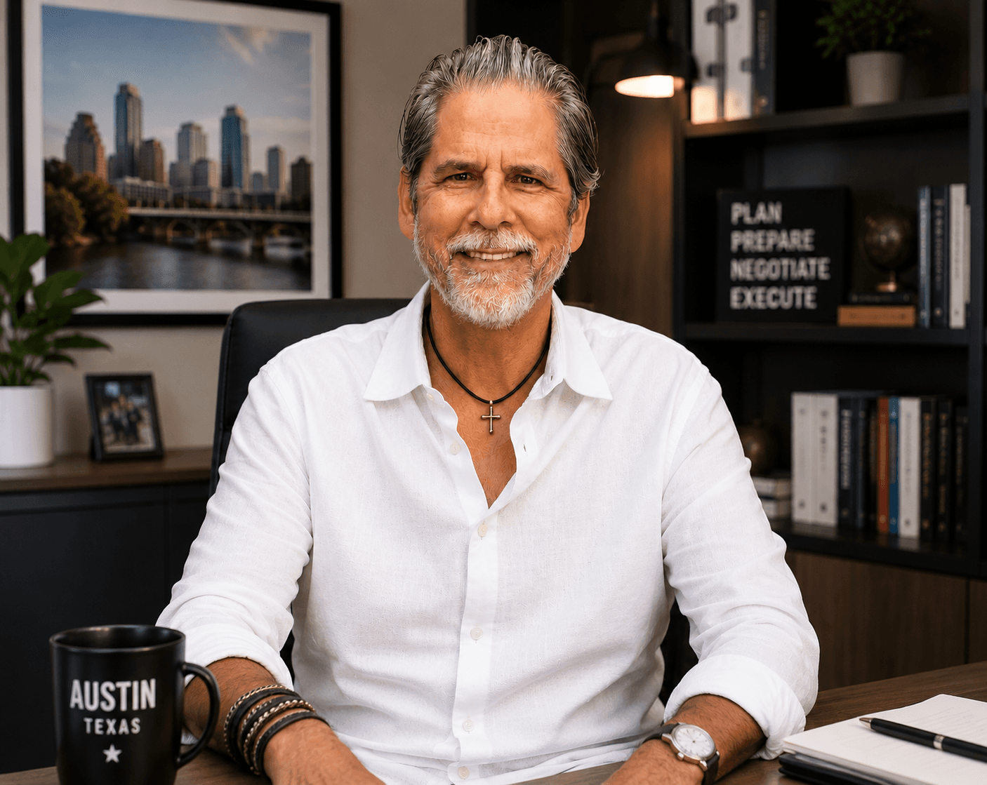 Smiling man with gray hair and beard in a white shirt sits at his desk.