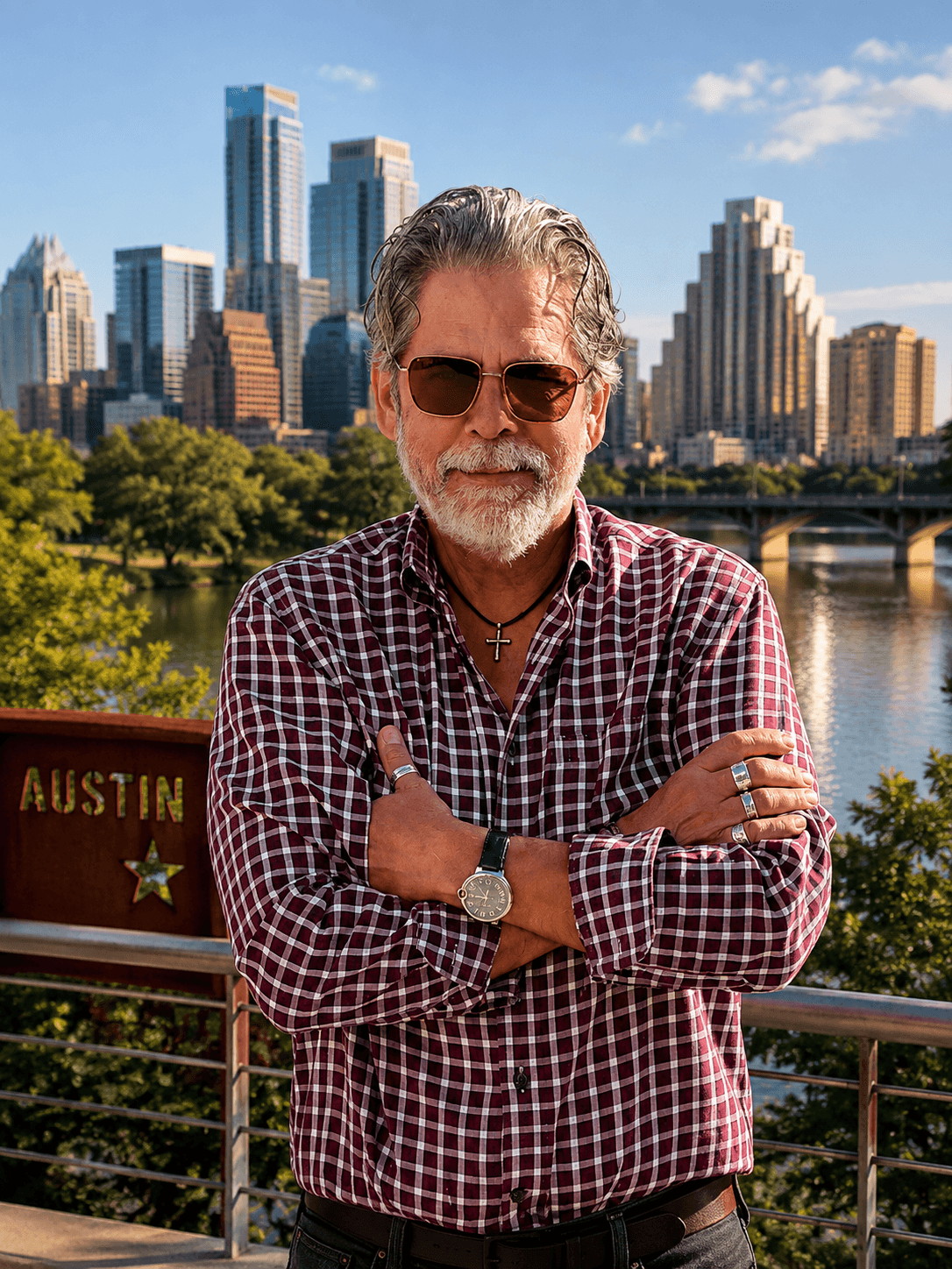 Bearded man in sunglasses stands with crossed arms against the sunny Austin, Texas city skyline.