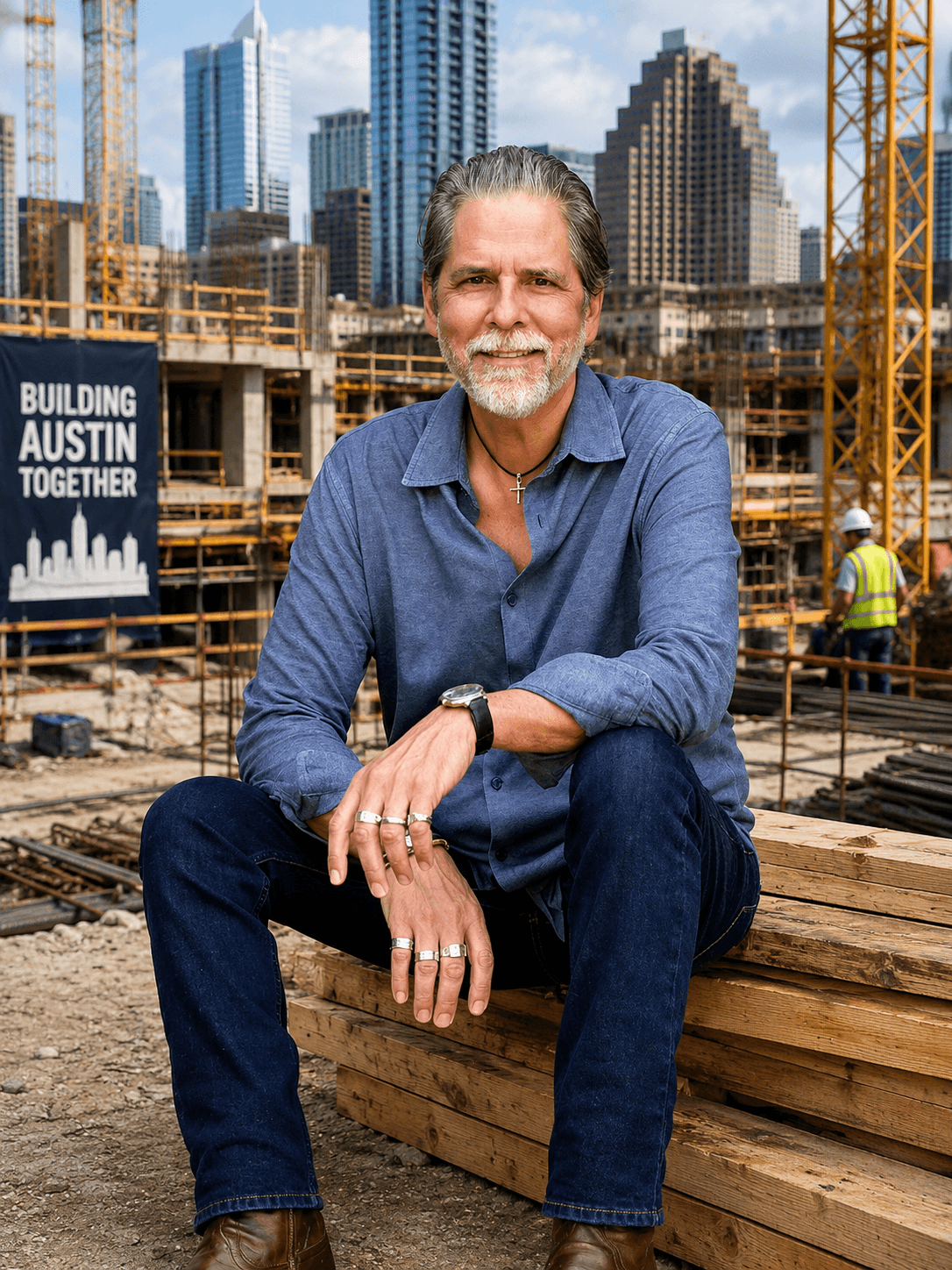 Smiling man sits on lumber at a construction site with the Austin skyline behind him.